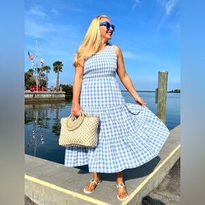 One Shoulder Blue Gingham Dress Sz S